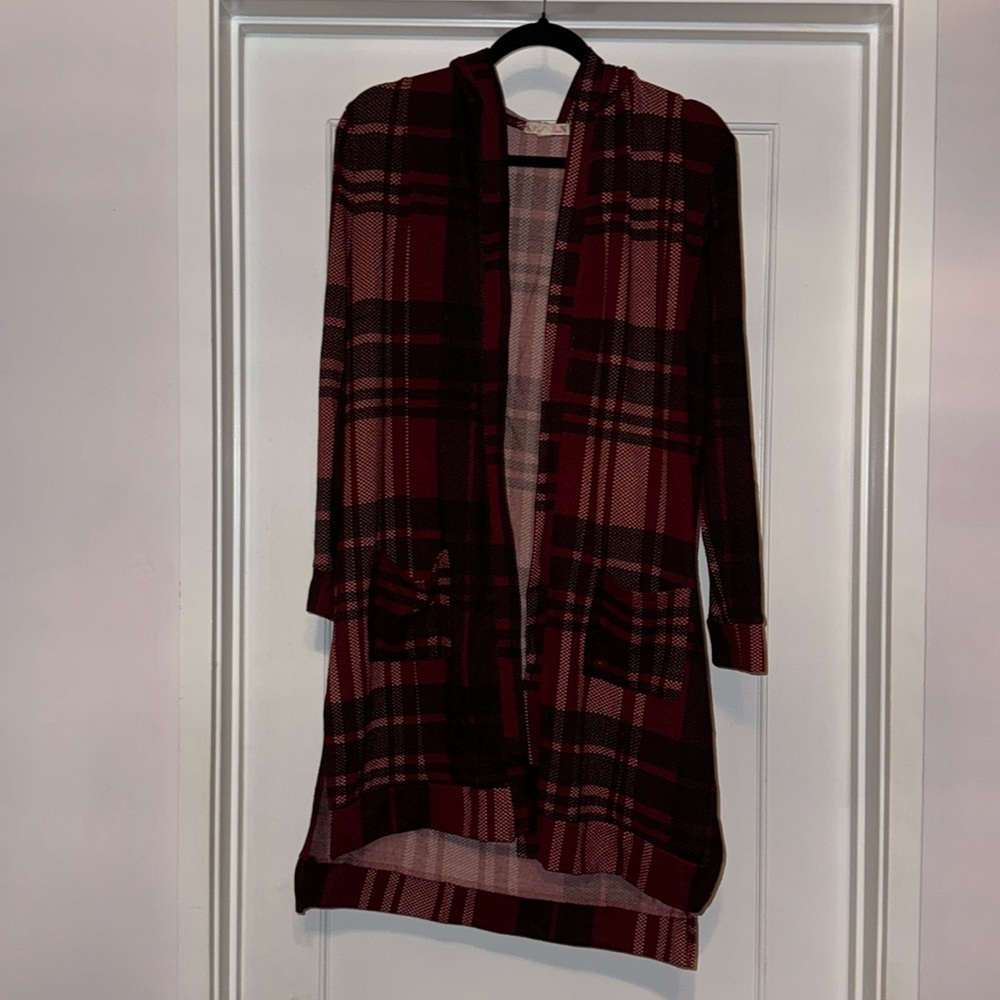 Burgundy Caridigan With pockets and a Hood
